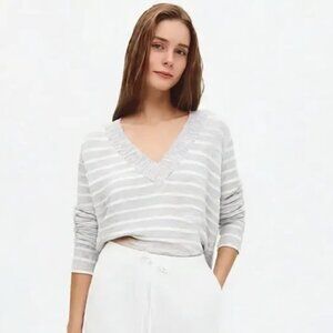 Gap Long Sleeve Deep V-Neck Knit Striped Mint Wintergreen Pullover Sweater Top